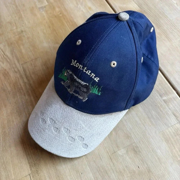 Vintage Montana Hat Cap Strap Back Blue Suede Brim Embroidered Bear Paw Prints - Picture 6 of 6